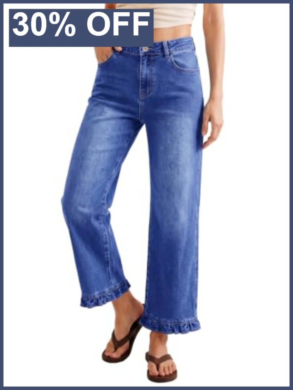 Women's High Waist Straight Leg Ruffle Hem Stretch Denim Jeans